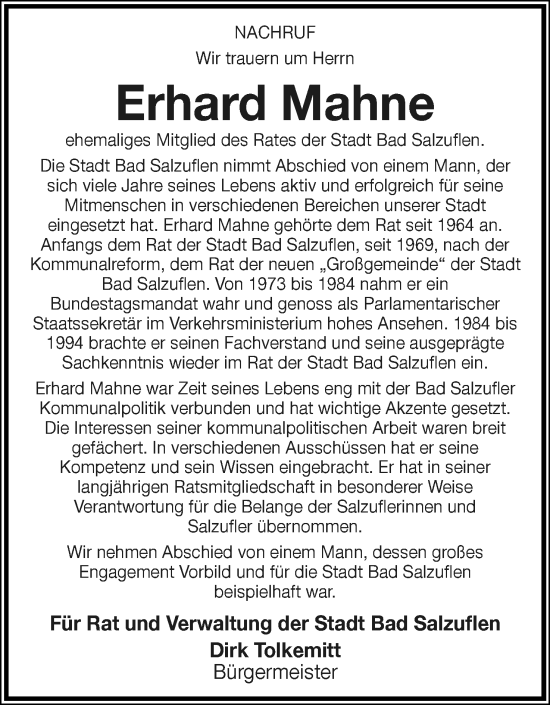 Anzeige  Erhard Mahne  Lippische Landes-Zeitung