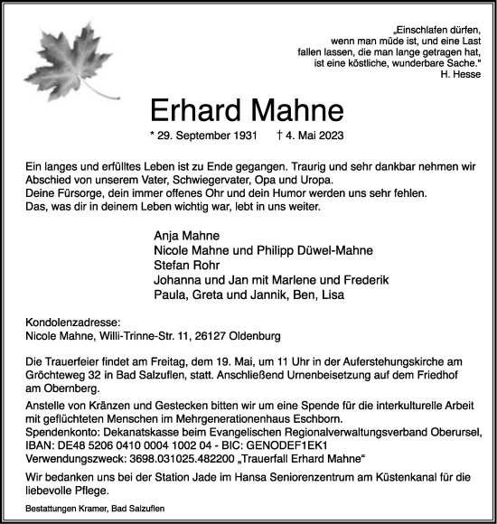Anzeige  Erhard Mahne  Lippische Landes-Zeitung