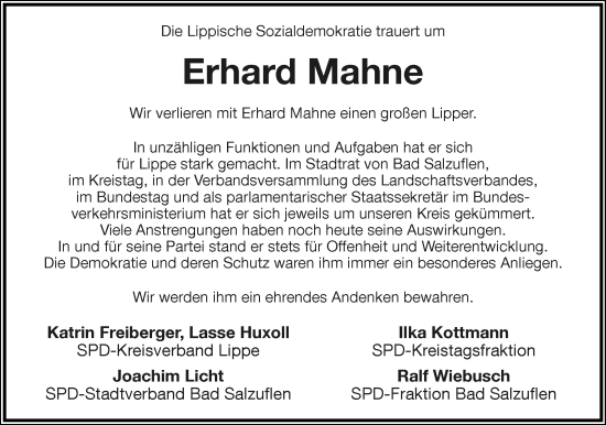 Anzeige  Erhard Mahne  Lippische Landes-Zeitung