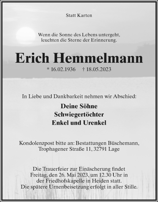 Anzeige  Erich Hemmelmann  Lippische Landes-Zeitung