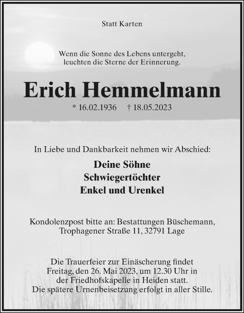  Traueranzeige für Erich Hemmelmann vom 24.05.2023 aus Lippische Landes-Zeitung