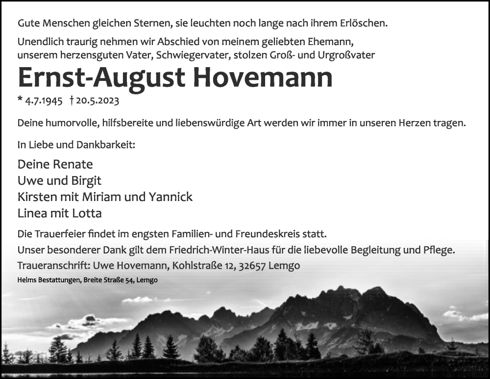  Traueranzeige für Ernst-August Hovemann vom 27.05.2023 aus Lippische Landes-Zeitung