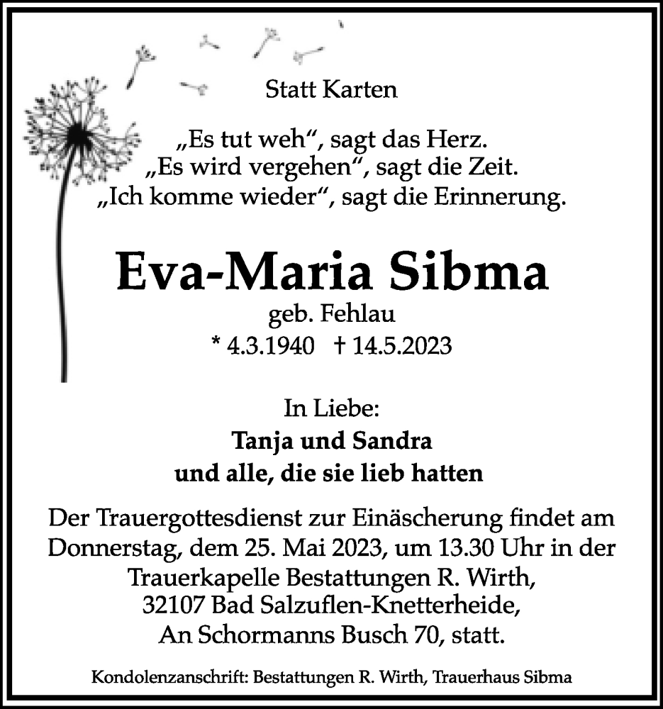 Traueranzeige für Eva-Maria Sibma vom 20.05.2023 aus Lippische Landes-Zeitung