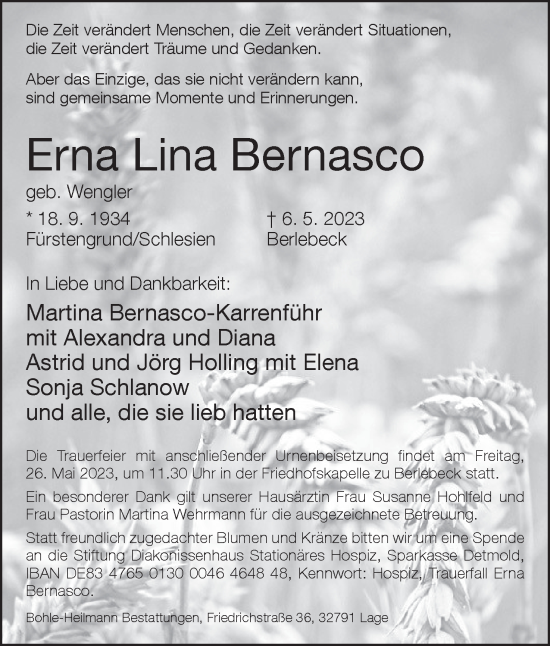 Anzeige  Erna Lina Bernasco  Lippische Landes-Zeitung