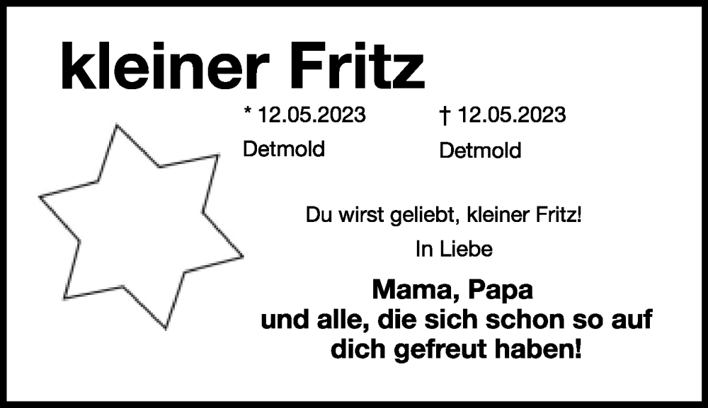  Traueranzeige für Fritz  vom 20.05.2023 aus Lippische Landes-Zeitung