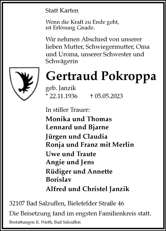 Anzeige  Gertraud Pokroppa  Lippische Landes-Zeitung