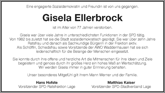 Anzeige  Gisela Ellerbrock  Lippische Landes-Zeitung