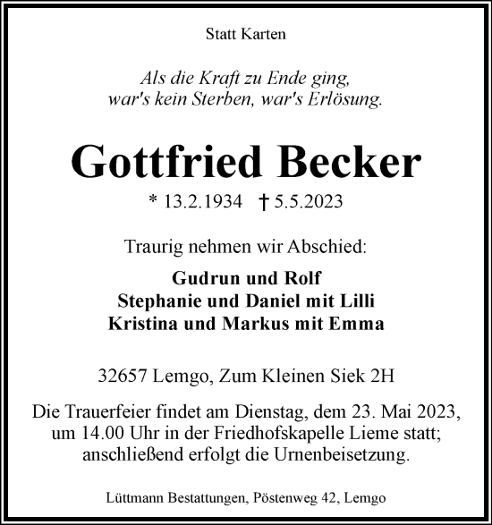 Anzeige  Gottfried Becker  Lippische Landes-Zeitung