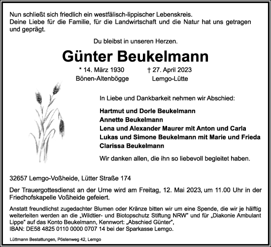 Anzeige  Günter Beukelmann  Lippische Landes-Zeitung