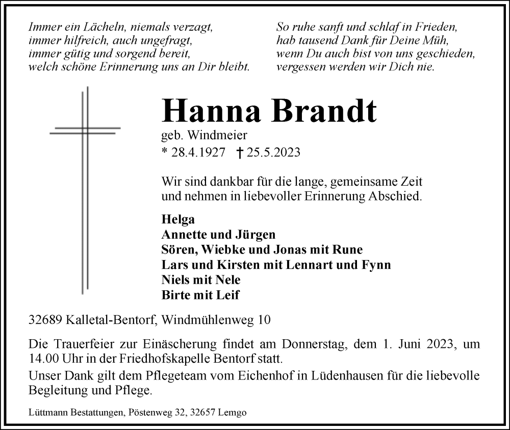  Traueranzeige für Hanna Brandt vom 30.05.2023 aus Lippische Landes-Zeitung