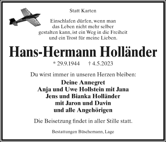 Anzeige  Hans-Hermann Holländer  Lippische Landes-Zeitung