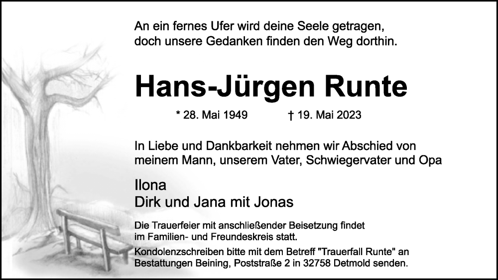  Traueranzeige für Hans-Jürgen Runte vom 24.05.2023 aus Lippische Landes-Zeitung