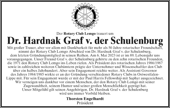 Anzeige  Dr. Hardnak Graf von der Schulenburg  Lippische Landes-Zeitung