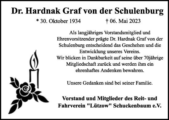 Anzeige  Dr. Hardnak Graf von der Schulenburg  Lippische Landes-Zeitung