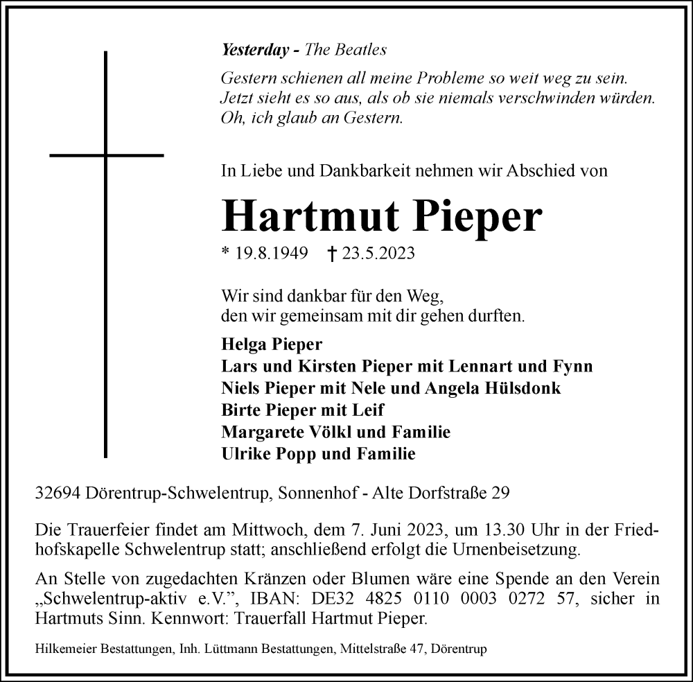  Traueranzeige für Hartmut Pieper vom 27.05.2023 aus Lippische Landes-Zeitung