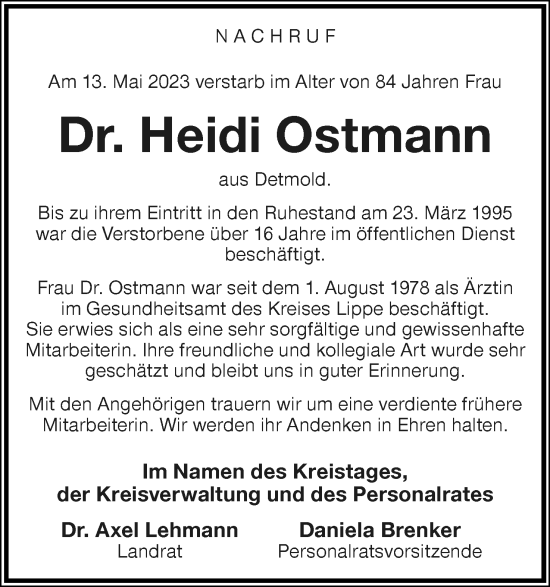 Anzeige  Heidi Ostmann  Lippische Landes-Zeitung