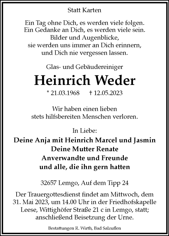 Anzeige  Heinrich Weder  Lippische Landes-Zeitung