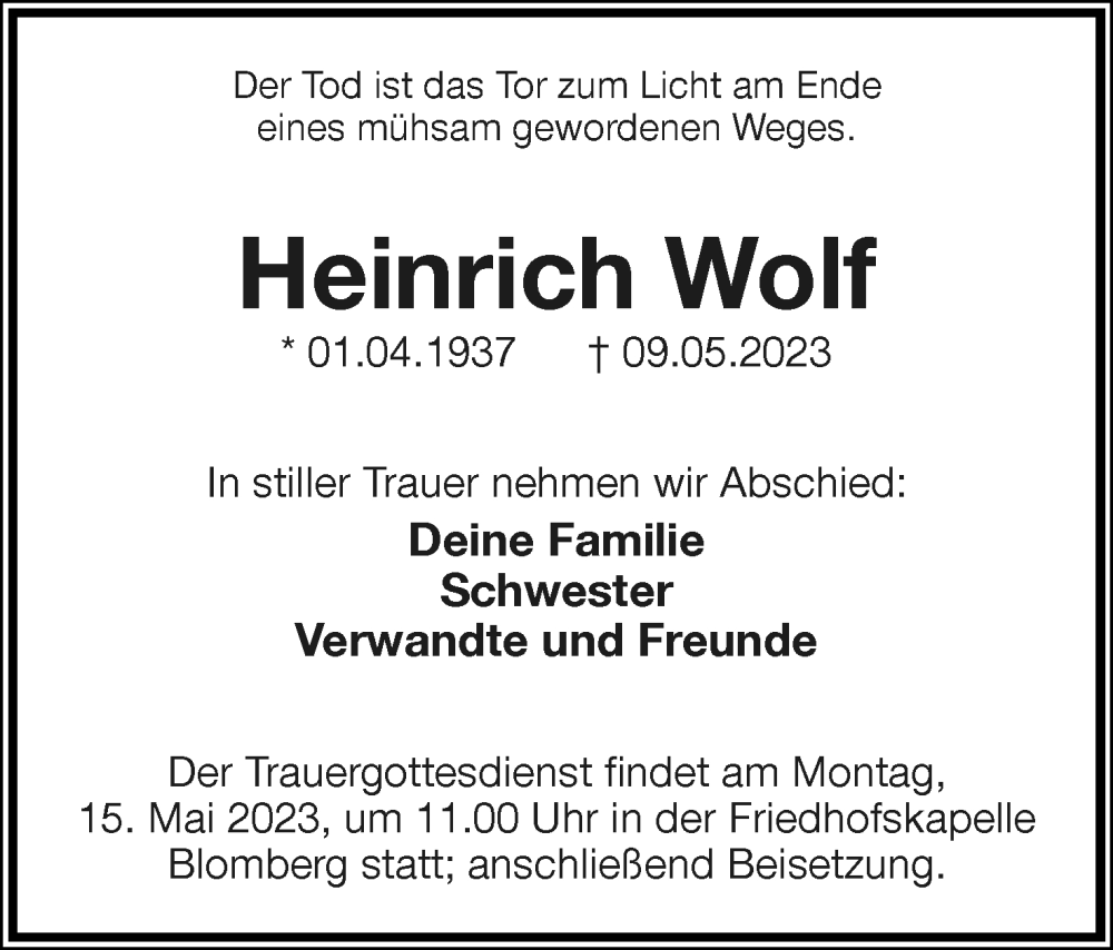  Traueranzeige für Heinrich Wolf vom 13.05.2023 aus Lippische Landes-Zeitung