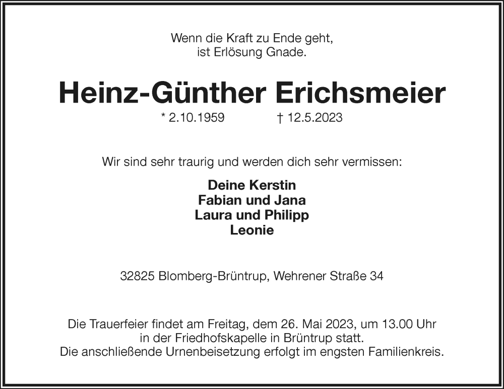  Traueranzeige für Heinz-Günther Erichsmeier vom 20.05.2023 aus Lippische Landes-Zeitung