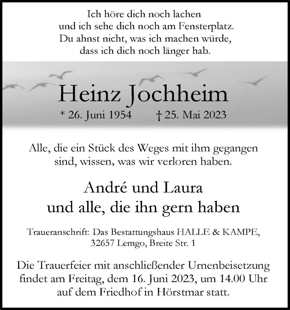  Traueranzeige für Heinz Jochheim vom 27.05.2023 aus Lippische Landes-Zeitung
