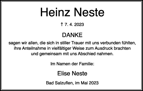 Anzeige  Heinz Neste  Lippische Landes-Zeitung