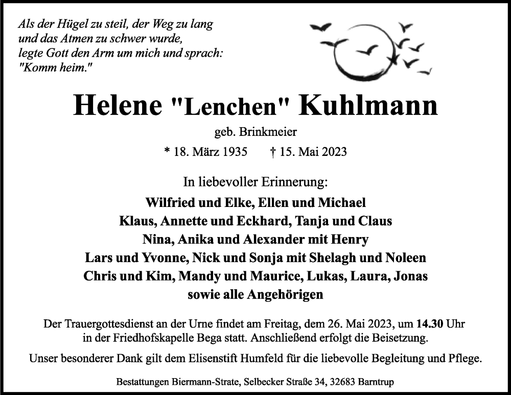  Traueranzeige für Helene Kuhlmann vom 20.05.2023 aus Lippische Landes-Zeitung
