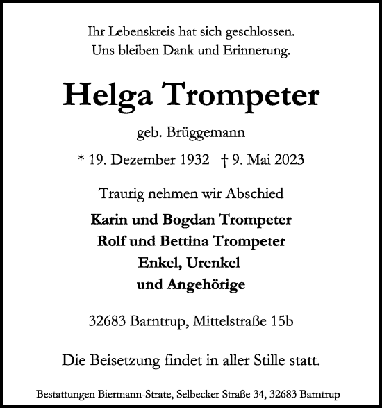 Anzeige  Helga Trompeter  Lippische Landes-Zeitung