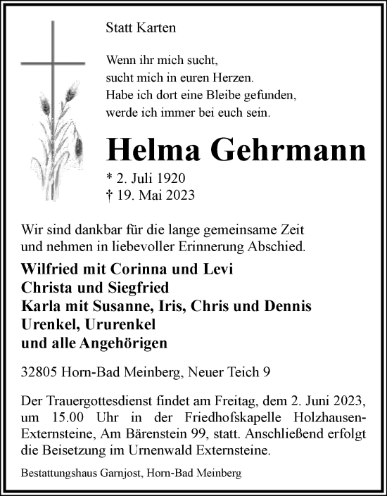 Anzeige  Helma Gehrmann  Lippische Landes-Zeitung