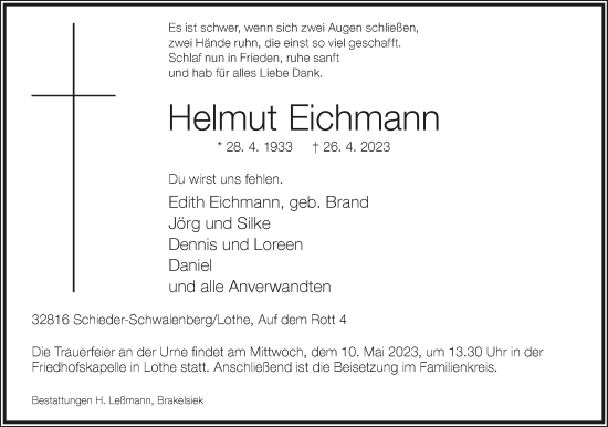 Anzeige  Helmut Eichmann  Lippische Landes-Zeitung