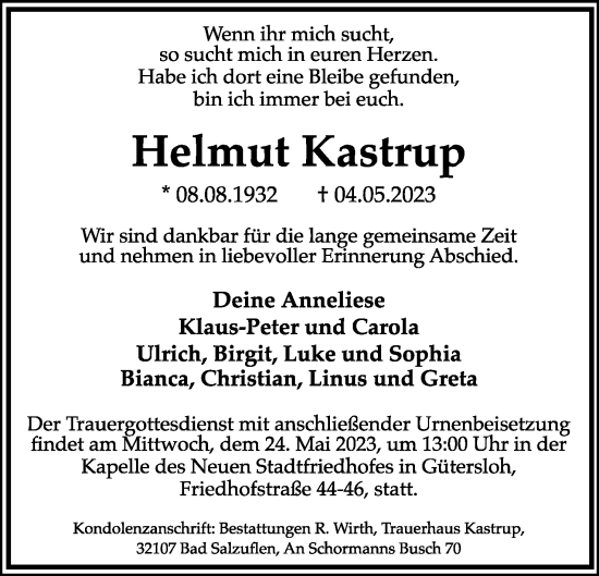 Anzeige  Helmut Kastrup  Lippische Landes-Zeitung