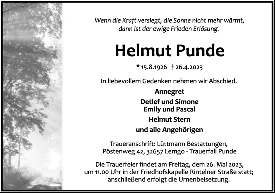 Anzeige  Helmut Punde  Lippische Landes-Zeitung