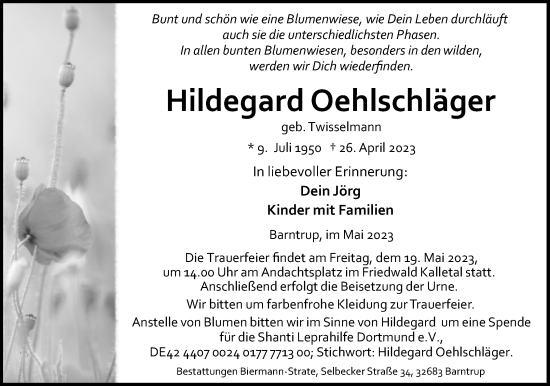 Anzeige  Hildegard Oehlschläger  Lippische Landes-Zeitung