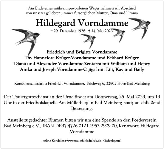 Anzeige  Hildegard Vorndamme  Lippische Landes-Zeitung