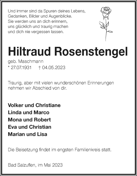 Anzeige  Hiltraud Rosenstengel  Lippische Landes-Zeitung