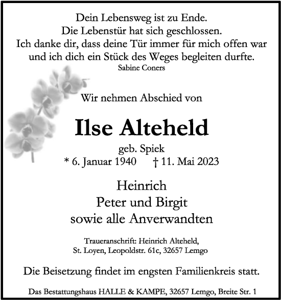 Anzeige  Ilse Alteheld  Lippische Landes-Zeitung
