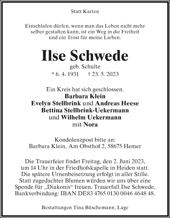 Anzeige  Ilse Schwede  Lippische Landes-Zeitung