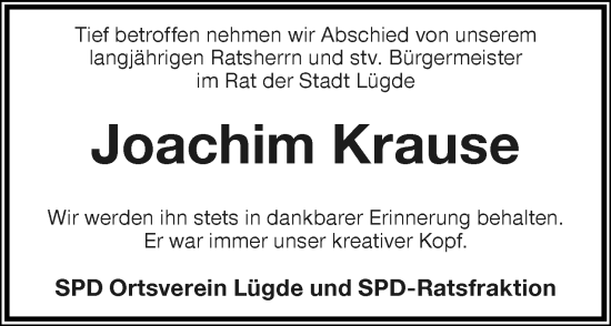 Anzeige  Joachim Krause  Lippische Landes-Zeitung