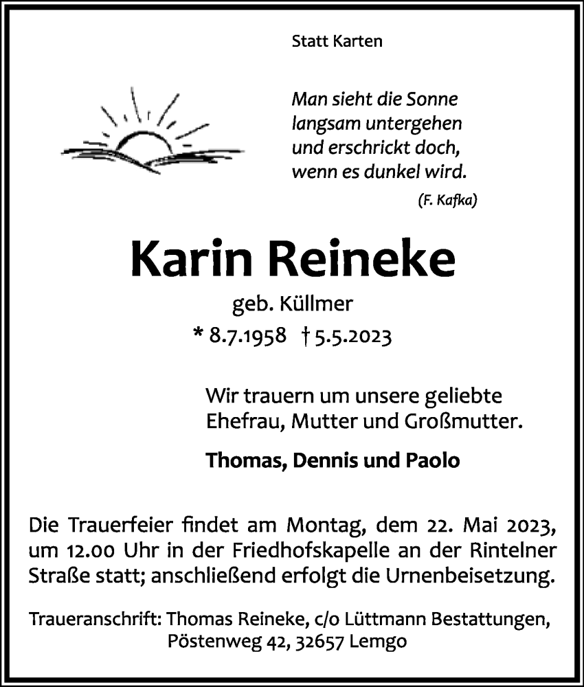  Traueranzeige für Karin Reineke vom 13.05.2023 aus Lippische Landes-Zeitung