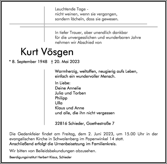 Anzeige  Kurt Vösgen  Lippische Landes-Zeitung
