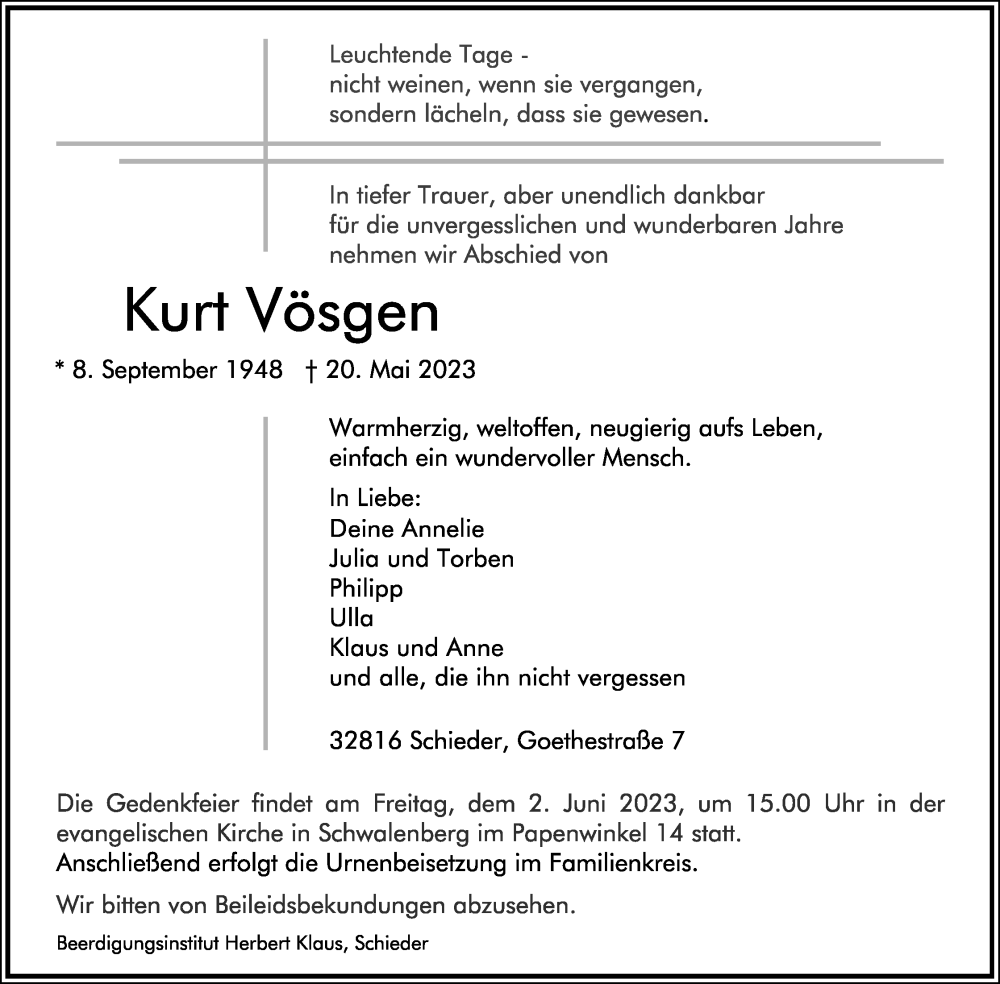  Traueranzeige für Kurt Vösgen vom 27.05.2023 aus Lippische Landes-Zeitung