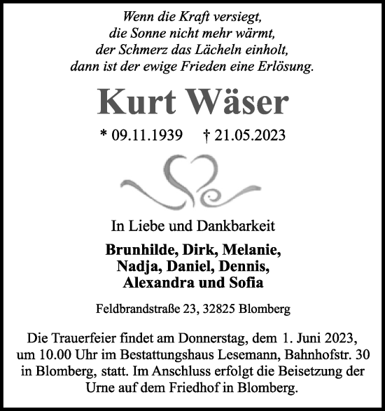 Anzeige  Kurt Wäser  Lippische Landes-Zeitung