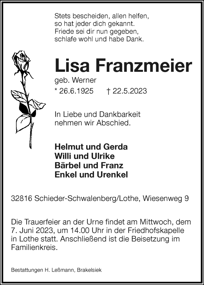  Traueranzeige für Lisa Franzmeier vom 27.05.2023 aus Lippische Landes-Zeitung