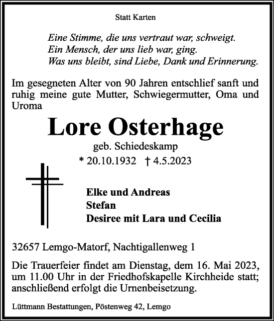 Anzeige  Lore Osterhage  Lippische Landes-Zeitung