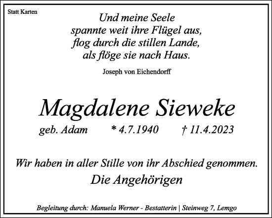 Anzeige  Magdalene Sieweke  Lippische Landes-Zeitung