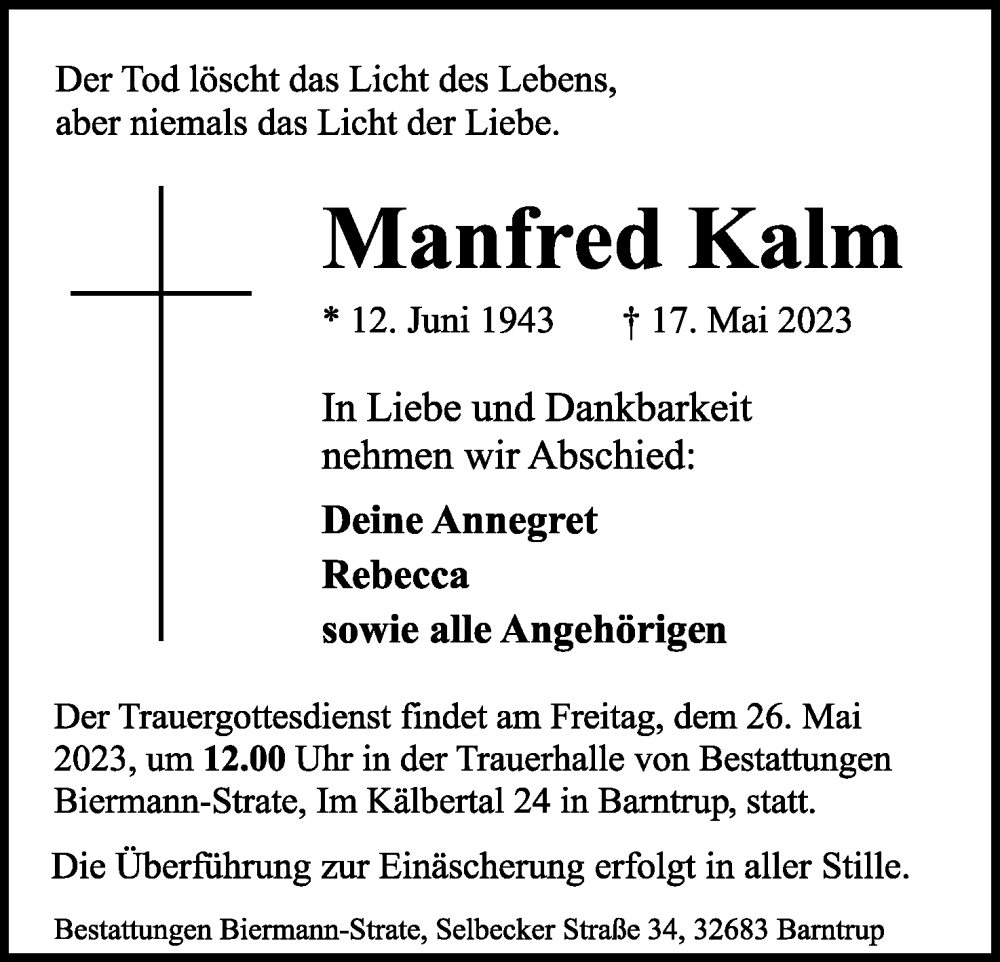  Traueranzeige für Manfred Kalm vom 22.05.2023 aus Lippische Landes-Zeitung