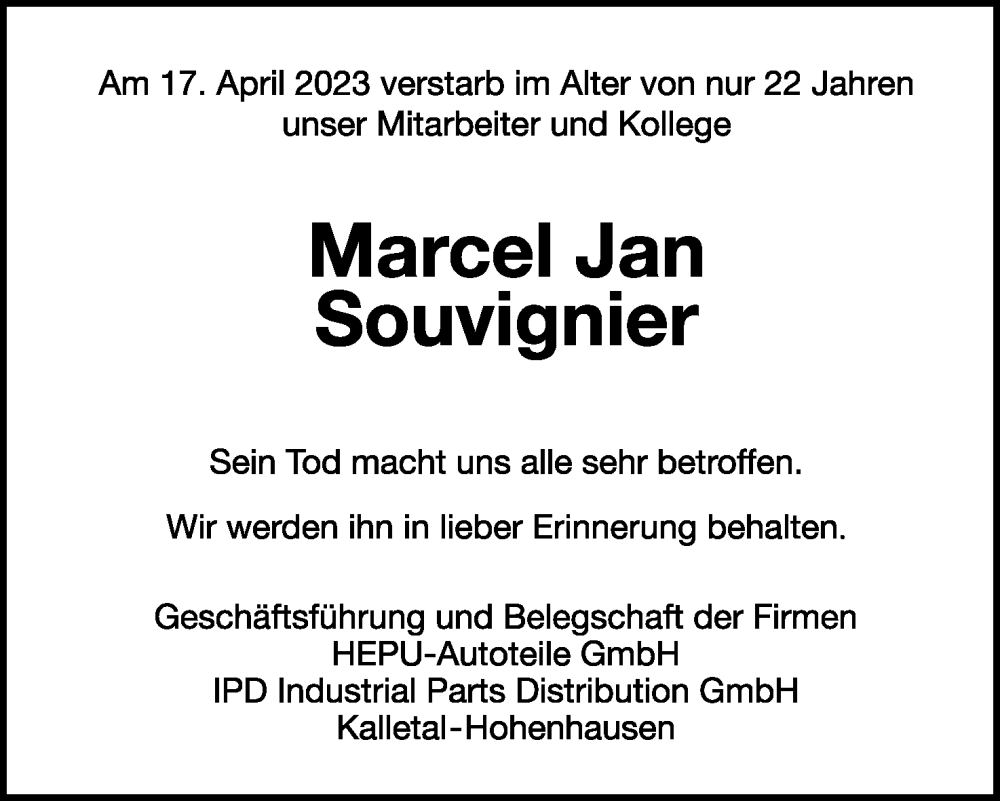  Traueranzeige für Marcel Jan Souvignier vom 06.05.2023 aus Lippische Landes-Zeitung