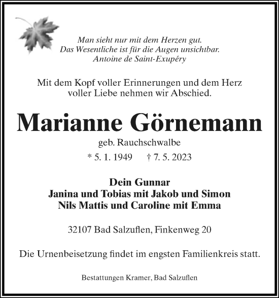 Anzeige  Marianne Görnemann  Lippische Landes-Zeitung