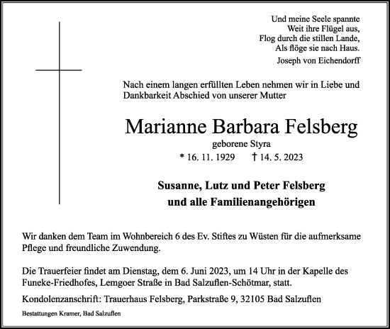 Anzeige  Marianne Barbara Felsberg  Lippische Landes-Zeitung