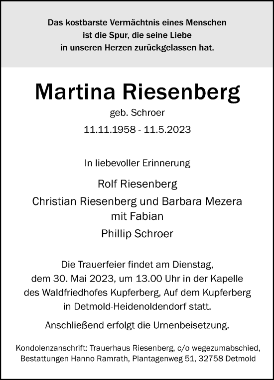 Anzeige  Martina Riesenberg  Lippische Landes-Zeitung