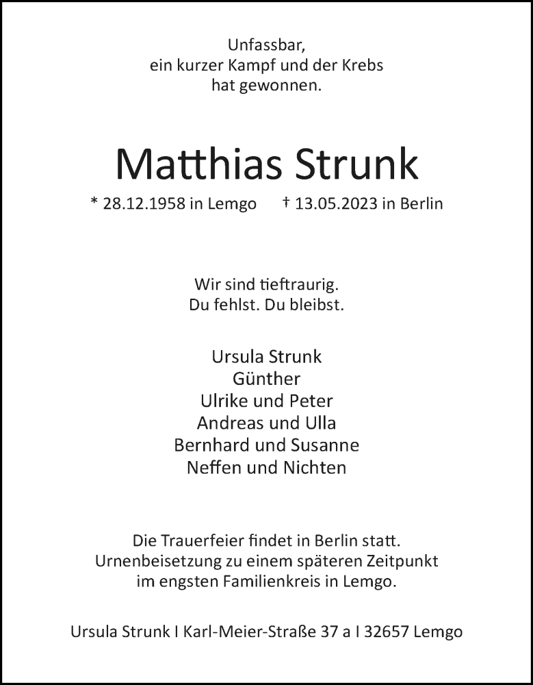  Traueranzeige für Matthias Strunk vom 20.05.2023 aus Lippische Landes-Zeitung